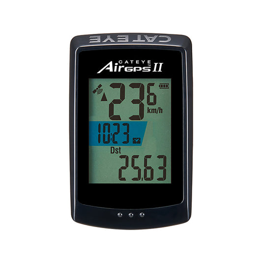 CatEye Air GPS II bike computer with black display and magnetless cadence sensor, designed for accurate cycling data tracking.