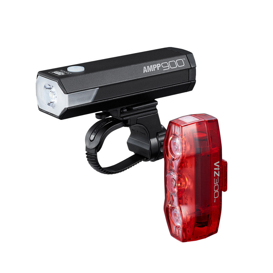 CatEye AMPP900 and VIZ300 bike lights front and rear black set for visibility and safety during night riding.