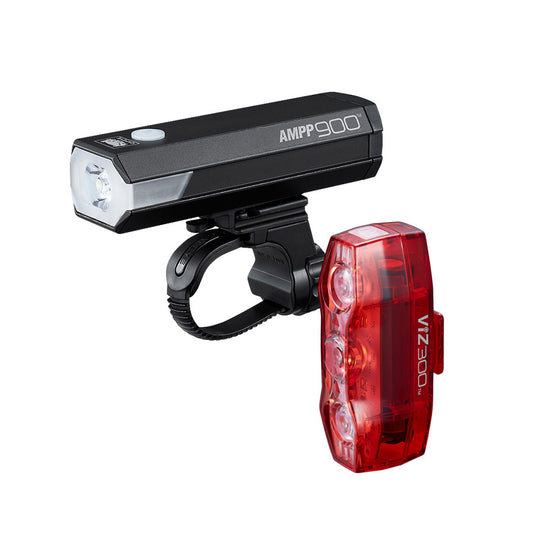 CatEye AMPP900 and VIZ300 bike lights front and rear black set for visibility and safety during night riding.