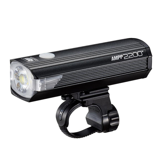 CatEye AMPP2200 bike light showing its compact design and bright LED illumination for enhanced visibility during night rides.