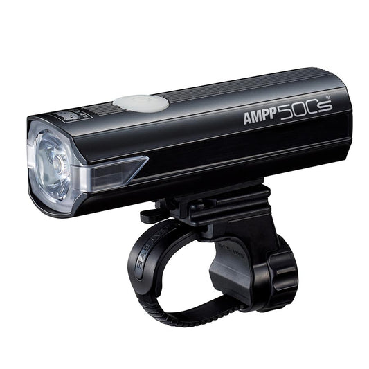 CatEye AMPP500S bike light showing its front and side view, with bright LED illumination and mounting bracket for cycling safety.