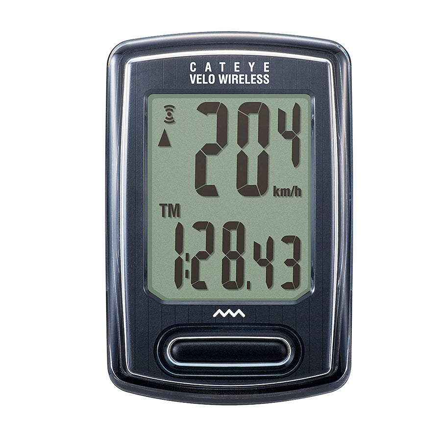 Wireless CatEye Velo Computer for urban cycling, displaying speed and distance on a sleek black cycling computer screen.