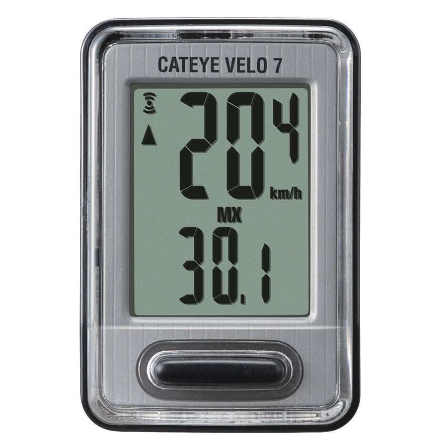 Wireless CatEye Velo Computer for urban bikes showing speed, distance, and ride data on a digital display.
