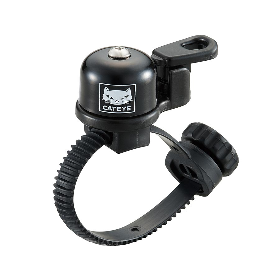 CatEye FlexTight OH-2400 bell and horn set, black, mounted on a bicycle handlebar. Durable and easy to install.