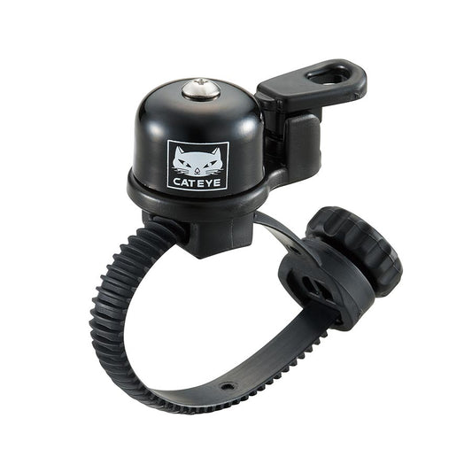 CatEye FlexTight OH-2400 bell and horn set, black, mounted on a bicycle handlebar. Durable and easy to install.