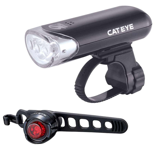 CatEye HL-EL135 front and Orb rear bike lights set in black, showing the compact design and mounting brackets.