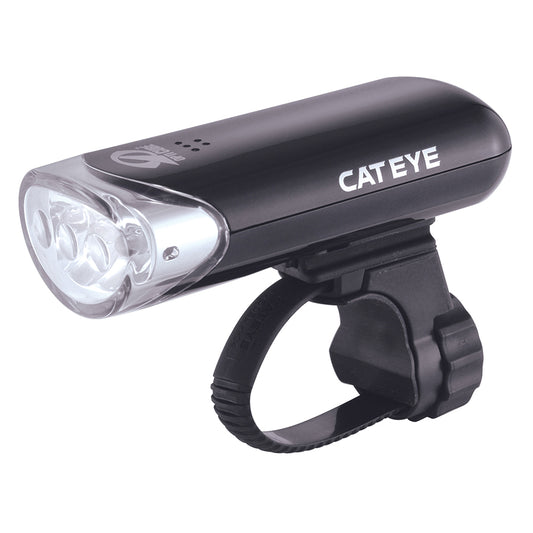 Black CatEye HL-EL135 bike light with front illumination, mounted on a bike handlebar for visibility and safety.