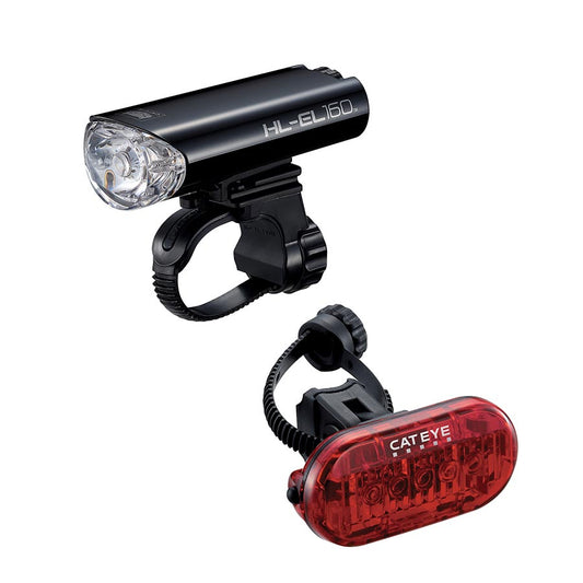 CatEye HL-EL160 and Omni 5 bike lights set with black front and rear lights, compact and bright for enhanced visibility.