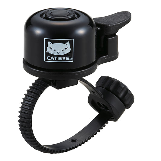 Black CatEye OH-1400 Flextight Bell, a compact bicycle bell from the bells and horns category, mounted on a bike handlebar.