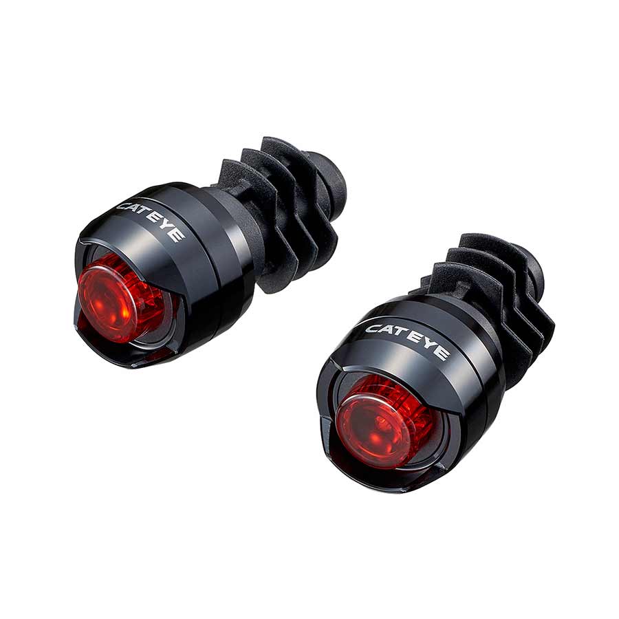 Pair of CatEye Orb Bar End Lights mounted on black bicycle handlebars for increased visibility and safety.