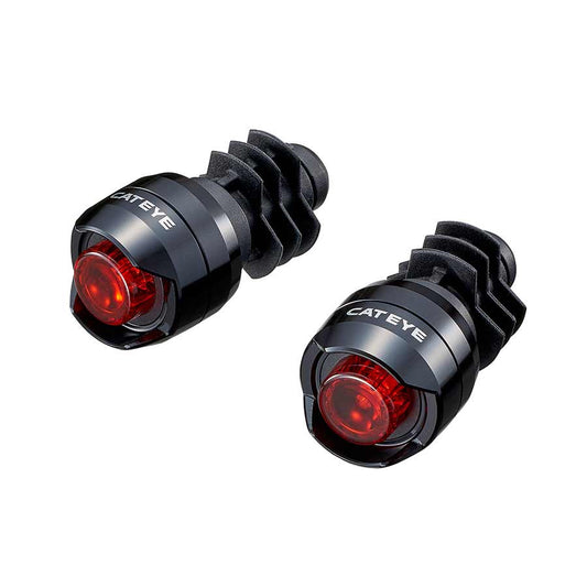 Pair of CatEye Orb Bar End Lights mounted on black bicycle handlebars for increased visibility and safety.