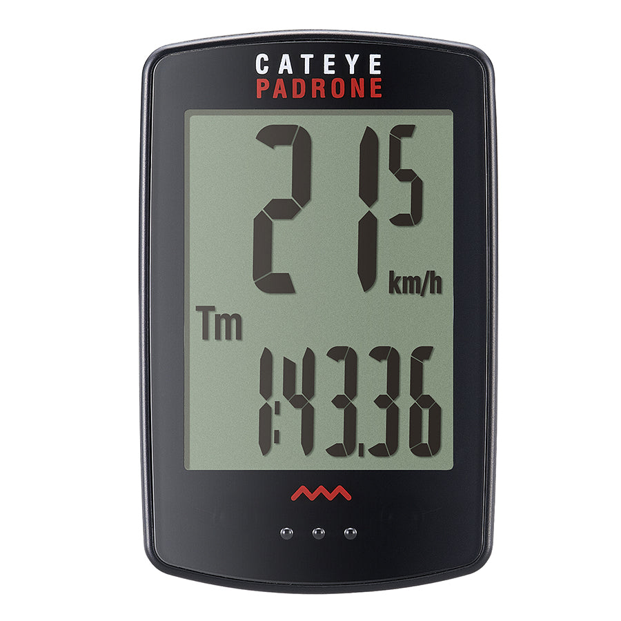 Black CatEye Padrone cycling computer mounted on a bike handlebar, displaying speed and distance metrics.