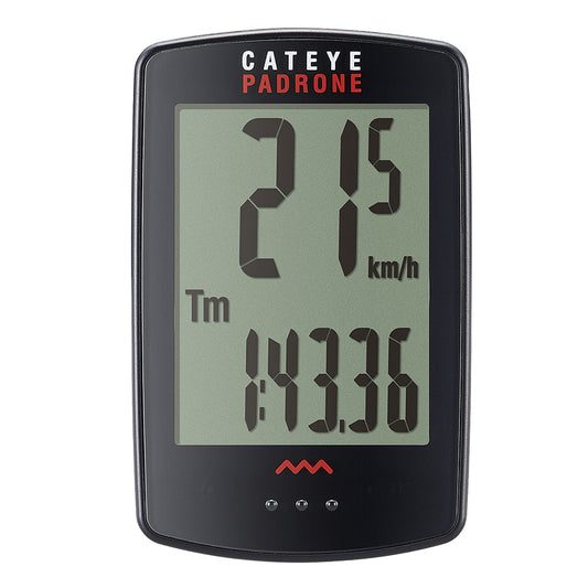 Black CatEye Padrone cycling computer mounted on a bike handlebar, displaying speed and distance metrics.