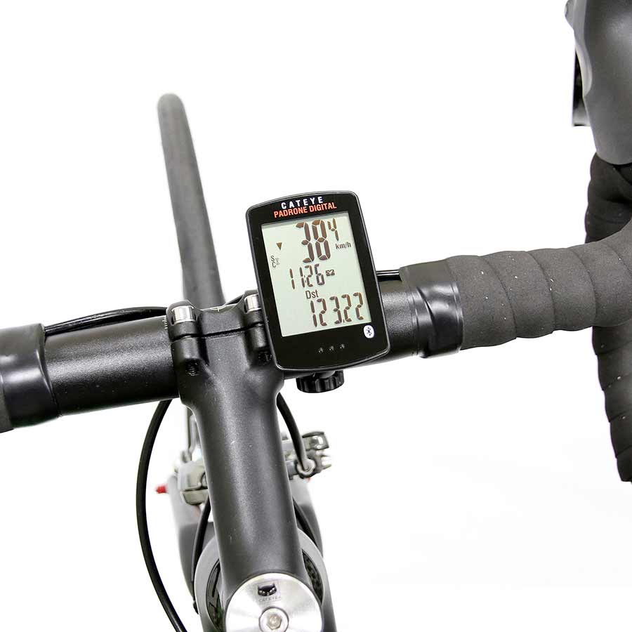 CatEye Padrone Digital Bike Computer showing digital display, black color, with optional cadence and GPS features.
