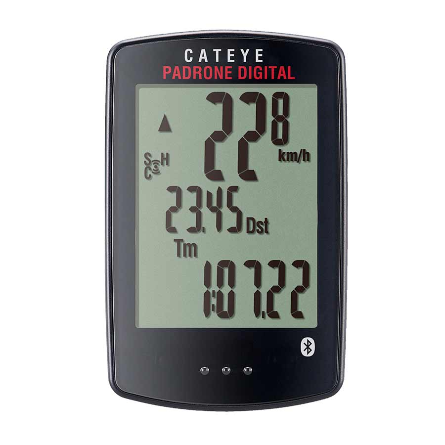 CatEye Padrone Digital cycling computer in black showing GPS display, optional cadence and no heart rate sensor.
