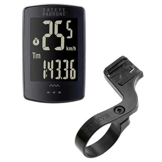 CatEye Padrone Stealth cycling computer mounted on bike handlebar, black color with optional 100mm bracket, GPS-enabled, no HR or cadence sensors
