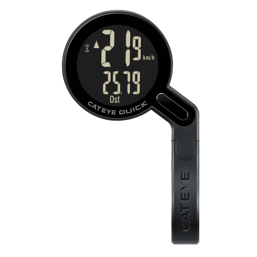 CatEye Quick computer GPS cycling computer with black display, no heart rate or cadence tracking, designed for cyclists.