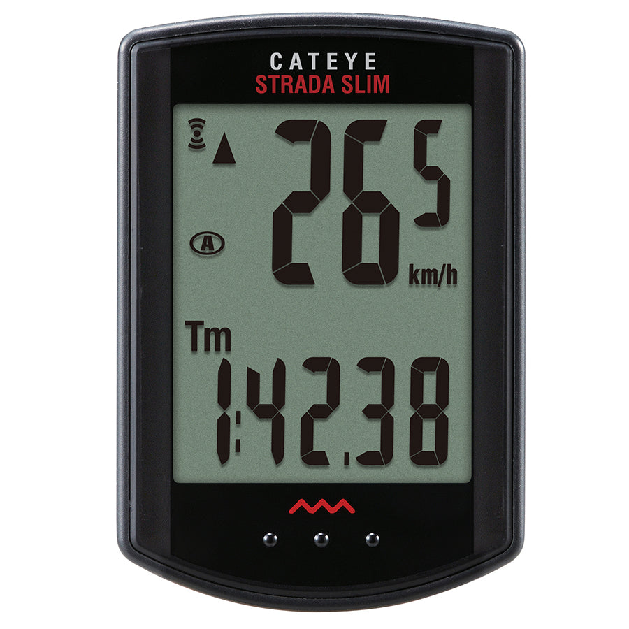 CatEye Strada Slim computer mounted on a road bike handlebar, black color, displaying speed and distance metrics.