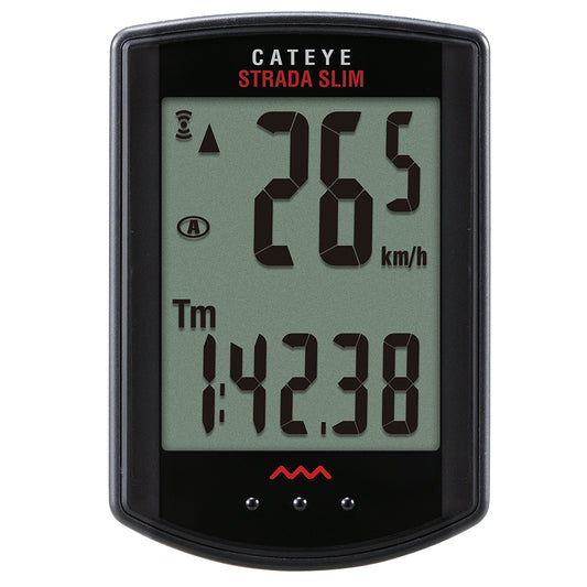 CatEye Strada Slim computer mounted on a road bike handlebar, black color, displaying speed and distance metrics.