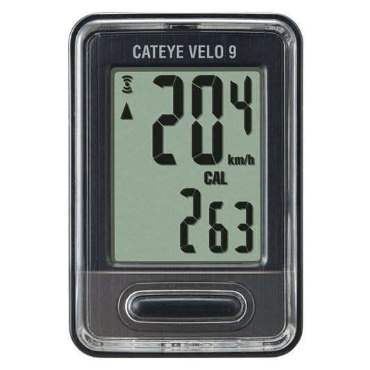 CatEye Velo 9 cycling computer in black showing speed and distance on its display.