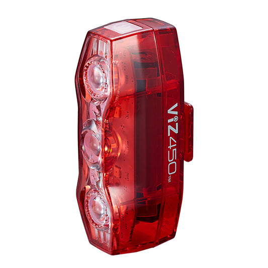 CatEye Viz450 rear red bike light with bright LED illumination, mounted on a bicycle for enhanced visibility and safety.