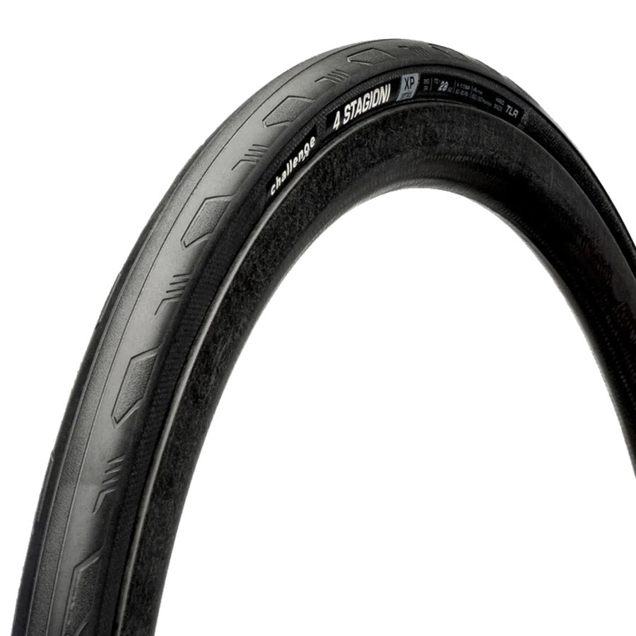 Challenge 4 Stagioni TLR road tires with silver tanwall, folding tubeless-ready design, 700x28 size, high TPI construction.