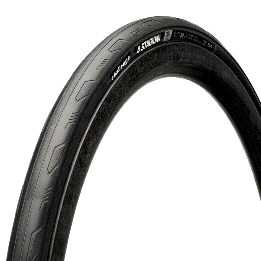 Challenge 4 Stagioni TLR road tires shown in silver with tanwall, folding tubeless-ready design, 700x28 size, high TPI construction.