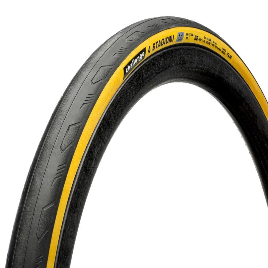 Challenge 4 Stagioni TLR road tires with silver Corazza sidewalls, 700x28 size, tubeless-ready, folding design, tanwall, 260 TPI.