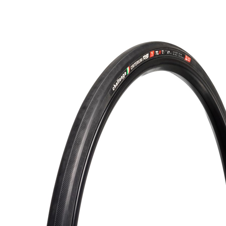 Challenge Criterium RS TLR road tire 700x25mm folding tubeless-ready tire with sealed corespun cotton sidewalls and white lettering.