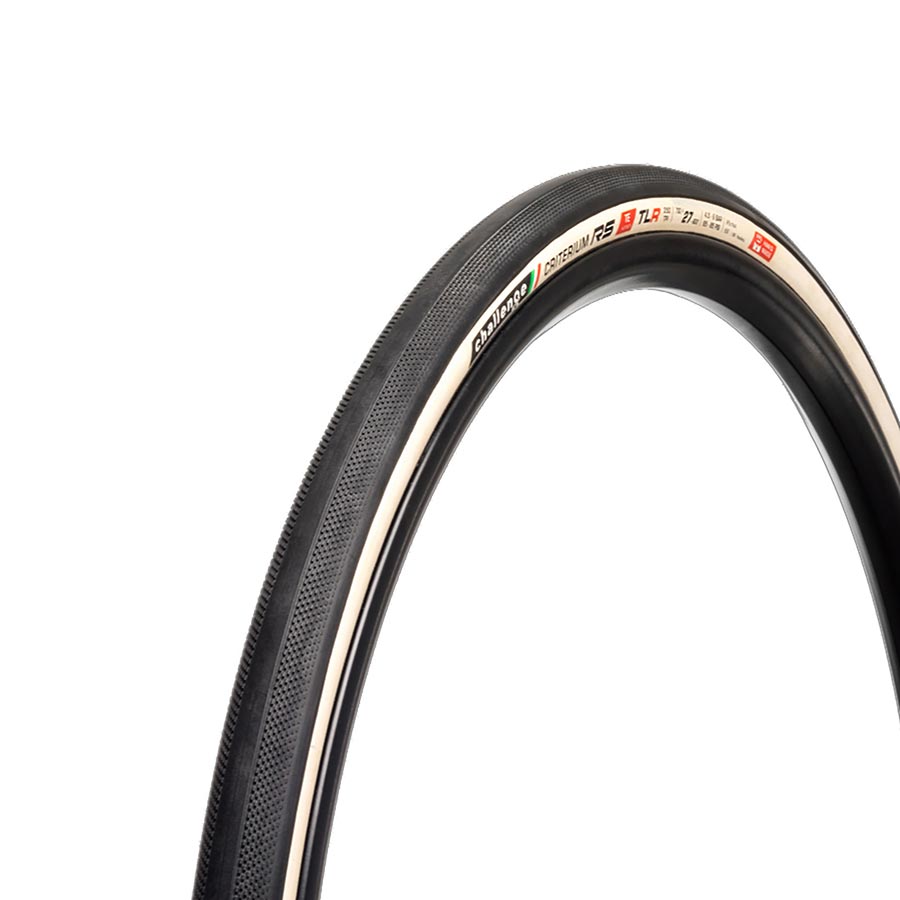 Challenge Criterium RS TLR road tire in white, 700x25mm, tubeless-ready with sealed corespun cotton and PPS 350 TPI construction.