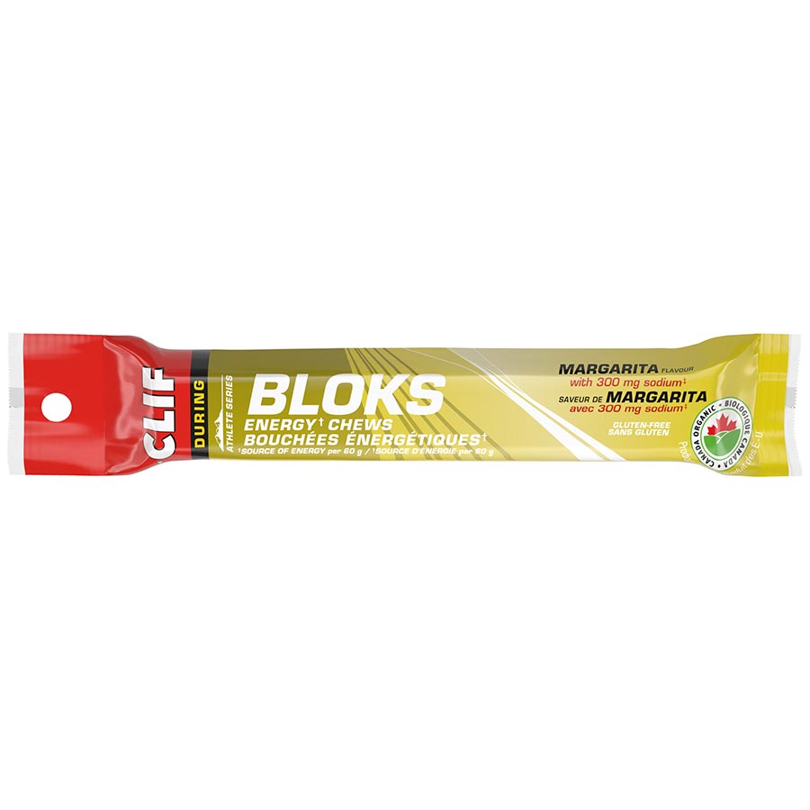 Clif Chews Salted Watermelon Bloks 18-piece pack showing colorful watermelon-flavored chews in clear packaging.