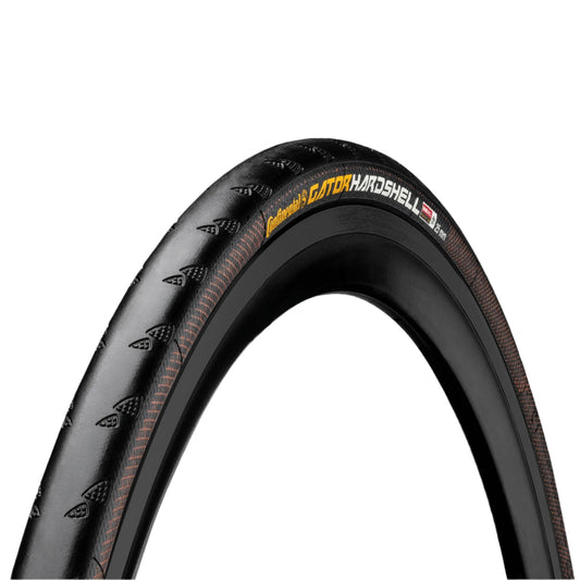 Continental Gator Hardshell road tires mounted on a bicycle wheel, 700x25 size, durable tread for road cycling.