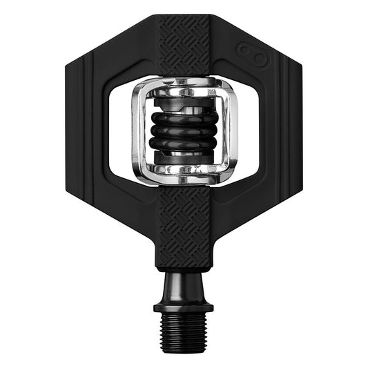 Pair of black Crankbrothers Candy 1 clipless mountain bike pedals with sleek design and durable construction.