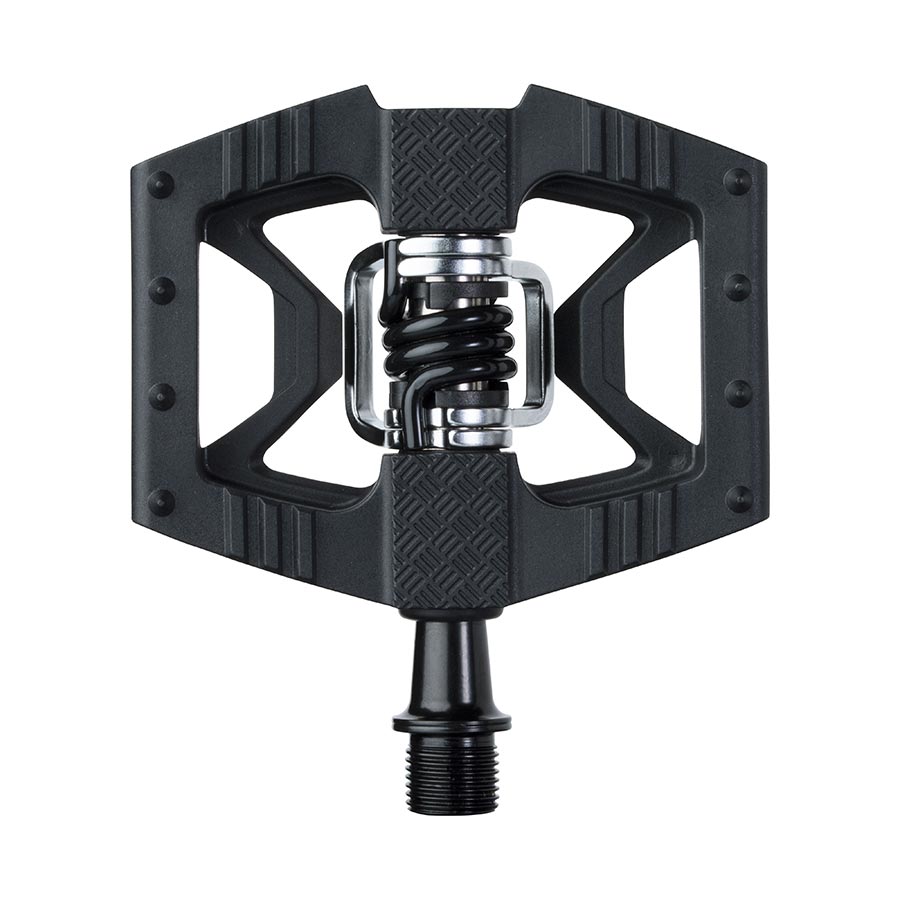 Crankbrothers DOUBLESHOT 1 clipless MTB pedals in black, showing the pair with their durable pedal bodies and cleat mounting areas.