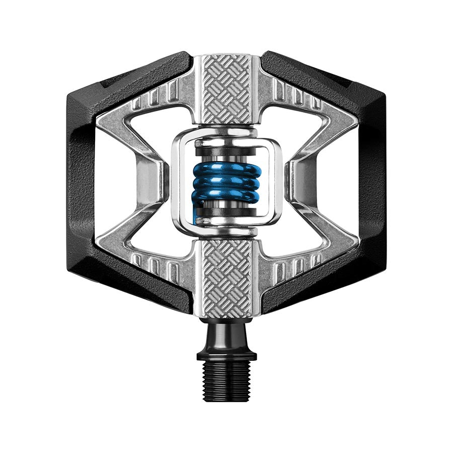 Crankbrothers DOUBLESHOT 2 clipless MTB pedals with aluminum body and black spindle, designed for mountain biking durability.