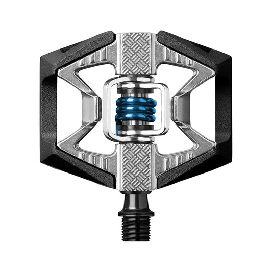 Crankbrothers DOUBLESHOT 2 clipless MTB pedals with aluminum body and black spindle, designed for mountain biking durability.