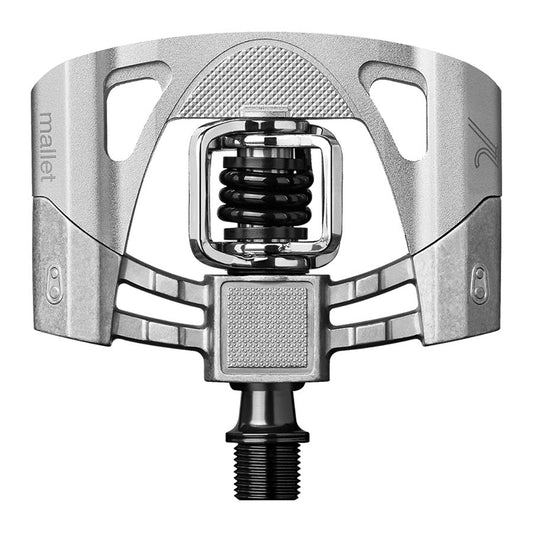 Crankbrothers Mallet 2 clipless MTB pedals with aluminum body and spindle, raw silver finish, pair of mountain biking pedals