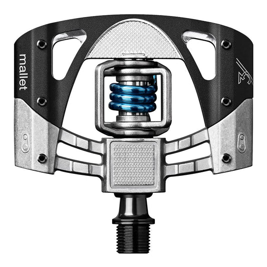 Crankbrothers Mallet 3 clipless MTB pedals with aluminum body, light blue spring, and 9/16-inch spindle for mountain biking.