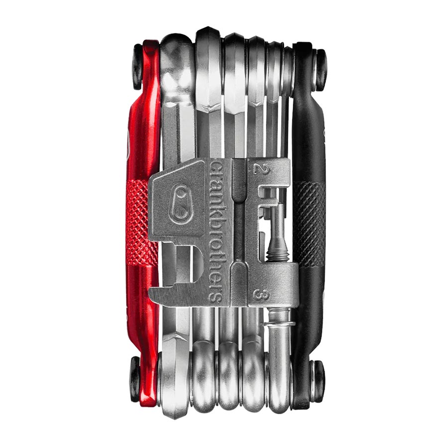 Crankbrothers Multi 17 multi-tool in black and red with various hex and screw bit tools for bike repairs.