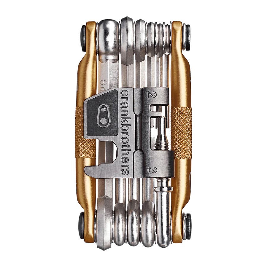 Crankbrothers Multi 17 multi-tool in black and red with various hex and Phillips bits for bike repairs and adjustments.