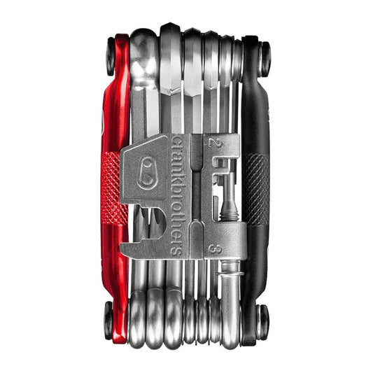 Crankbrothers Multi 19 multi-tool in black and red with various hex and Phillips wrenches for bike repairs and adjustments.