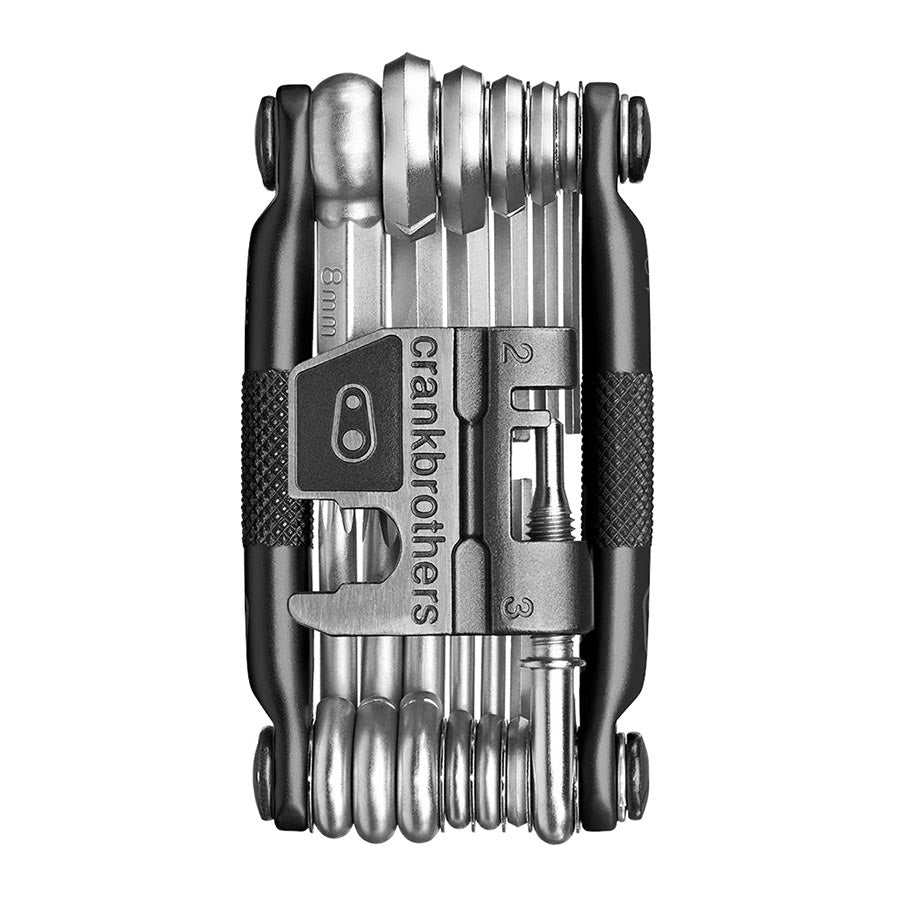 Crankbrothers Multi 19 multi-tool in black and red with various hex and screwdriver bits, compact and versatile for bike repairs.