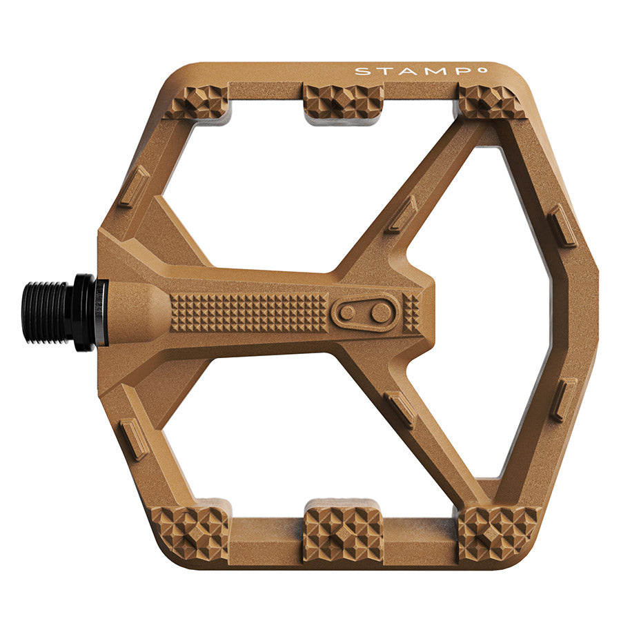 Pair of black Crankbrothers Stamp 0 platform pedals for mountain biking with large pedal surfaces and durable design.