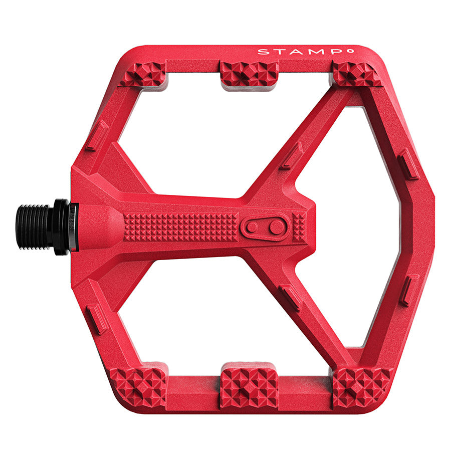 Crankbrothers Stamp 0 platform pedals in black, large pair with textured surface and durable design for mountain biking.
