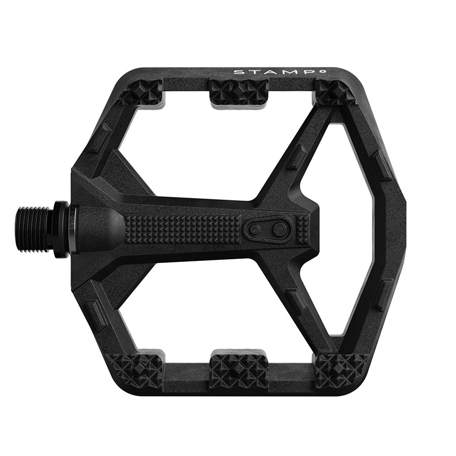 Pair of Crankbrothers Stamp 0 platform pedals in black, large size, with durable metal pins for mountain biking.