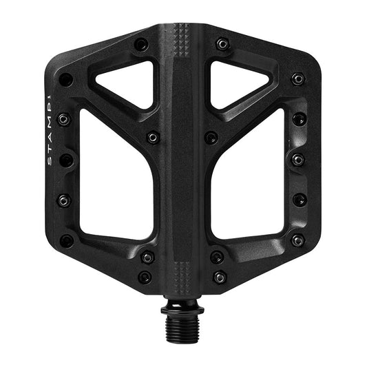 Pair of Crankbrothers Stamp 1 platform pedals in black, featuring large, durable design for mountain biking and cycling.