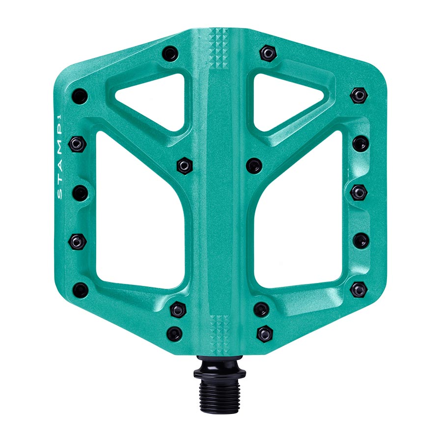 Pair of Crankbrothers Stamp 1 platform pedals in black, durable cycling pedals with large grip surface for mountain biking.