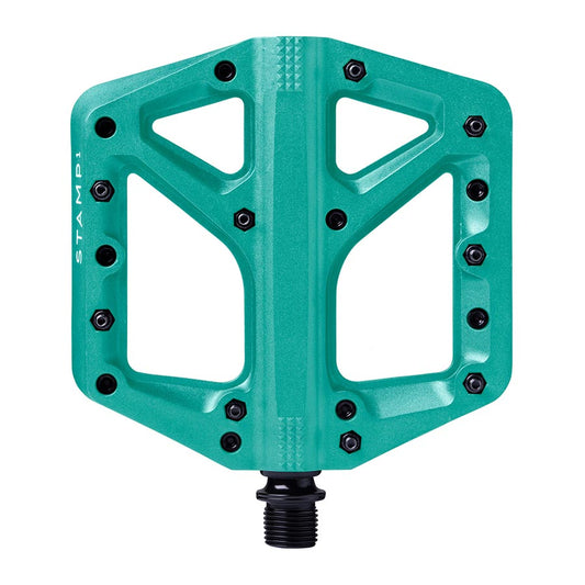 Pair of Crankbrothers Stamp 1 platform pedals in black, durable cycling pedals with large grip surface for mountain biking.