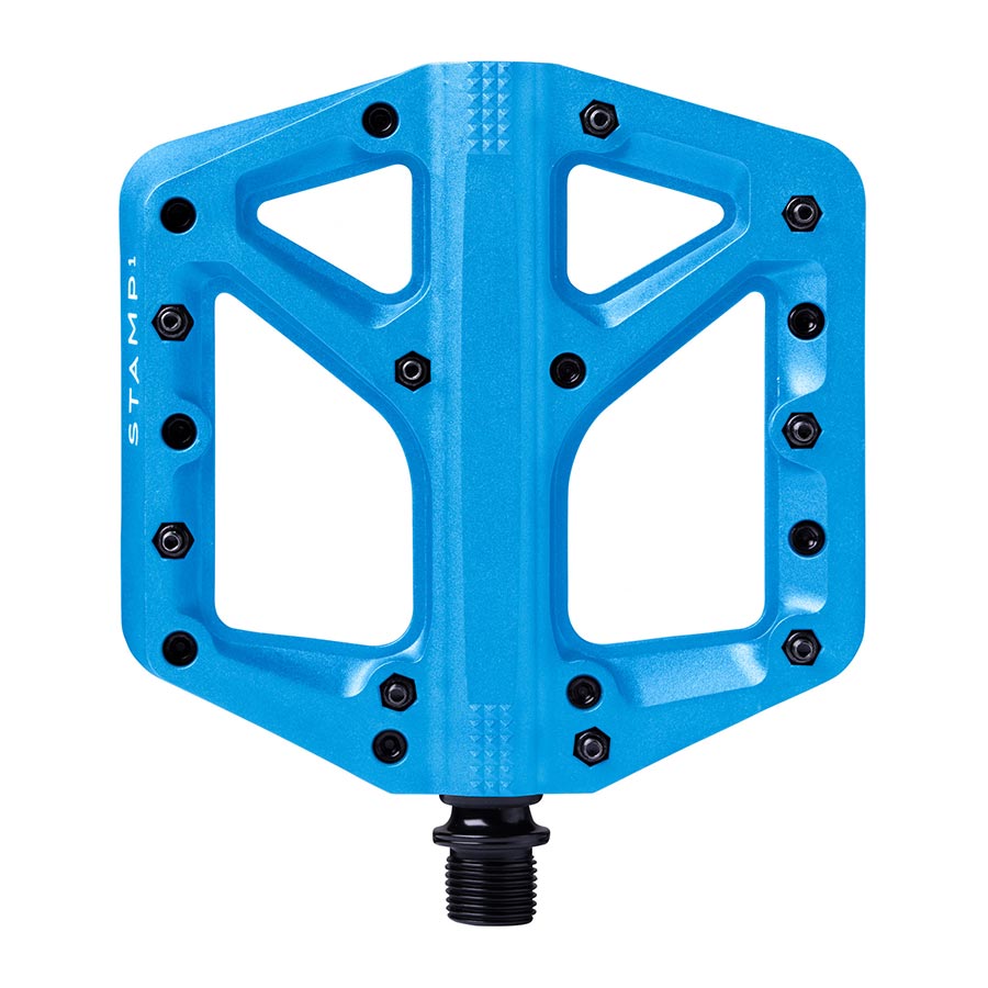 Crankbrothers STAMP 1 platform pedals in black, pair, showing large flat design with metal pins for cycling grip.