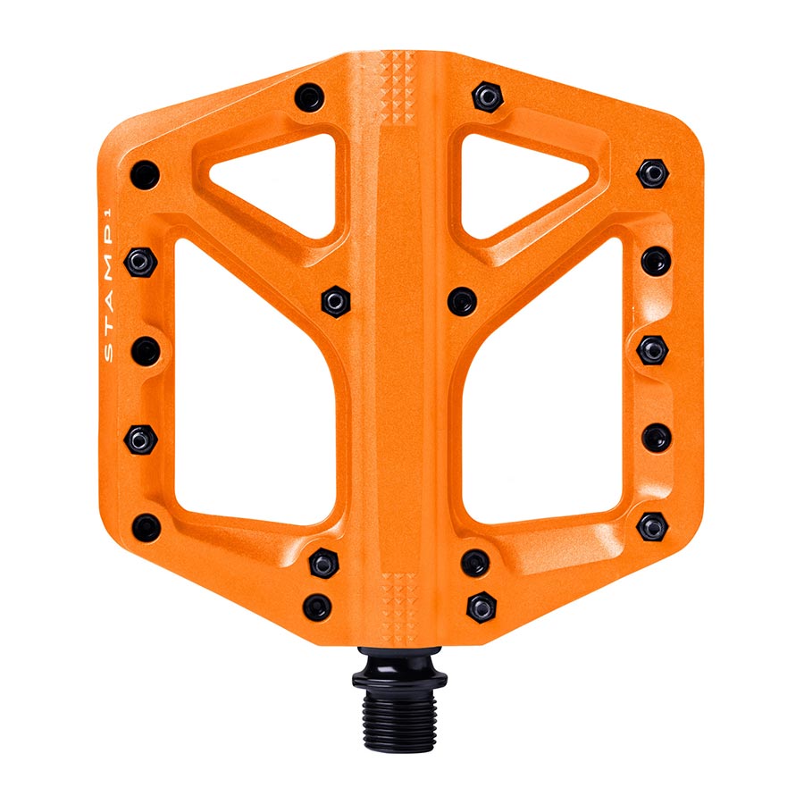 Pair of Crankbrothers STAMP 1 platform pedals in black with large-sized body for mountain biking or cycling.